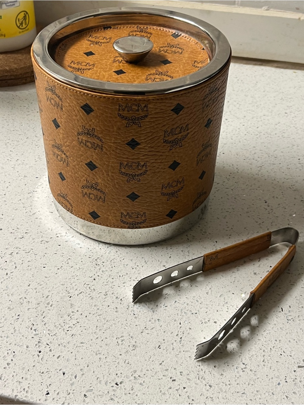 MCM Cognac Logo Ice Bucket with Silver Trim and Matching Tongs